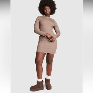 Victoria’s Secret Stretch-Cotton Long-Sleeve Mock-Neck Dress-Iced Coffee Sz. L🤎